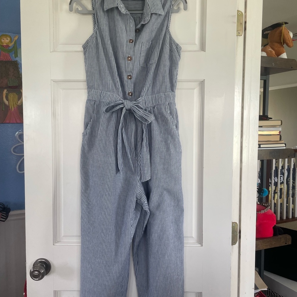 Japna Blue and White Striped Sleeveless Tie-Waist Jumpsuit